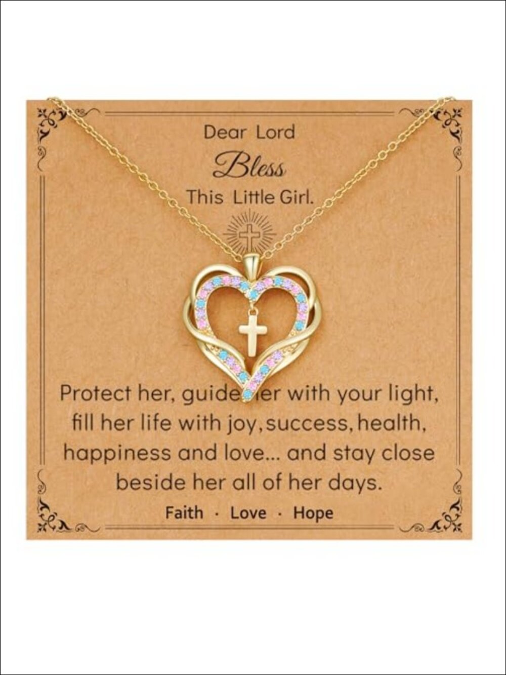 14K Gold Plated Heart Cross Necklace Girls Adjustable Faith Jewelry Gift